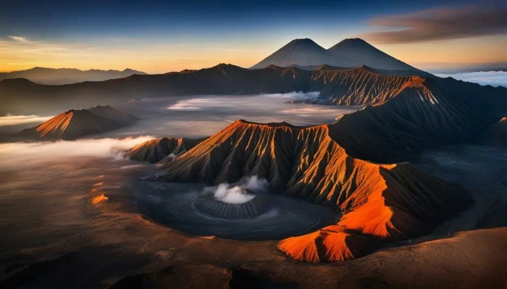 Punggung pegunungan berkabut saat fajar di lereng Gunung Bromo